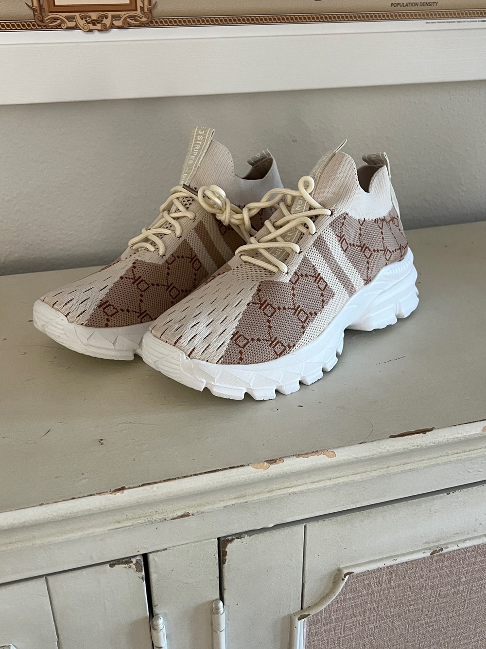 Beige Knit Slip-On Sneaker with Patterned Upper